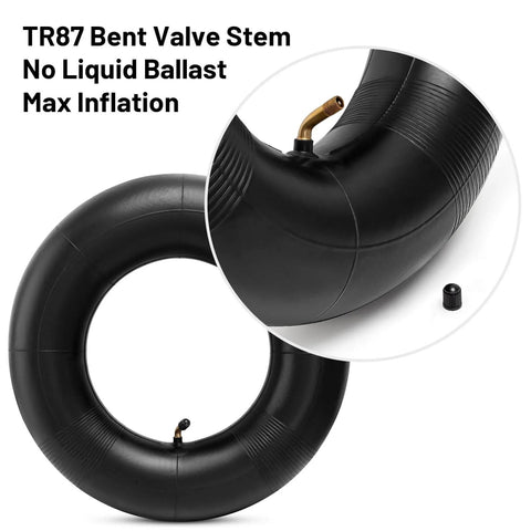 Close-up of Heavy Duty Inner Tube for 4.80/4.00-8 Inch Tires with TR87 Angled Valve, showing valve detail and tire material