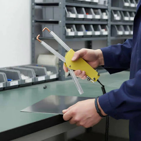 Rock Solid Workhorse Point Welder Clamps Heavy Duty Joining Pliers With Scorch Proof Handles in use with metal sheet.