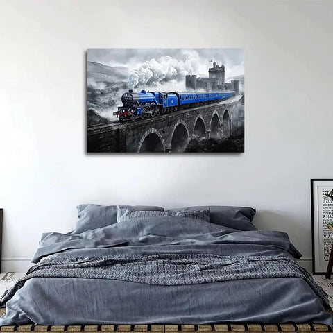 Blue Train On Stone Bridge Wall Art Canvas Print Vintage Locomotive Steam Engine Poster For Living Room Bedroom Decor Modern Home Style 20x30 Inches Unframed