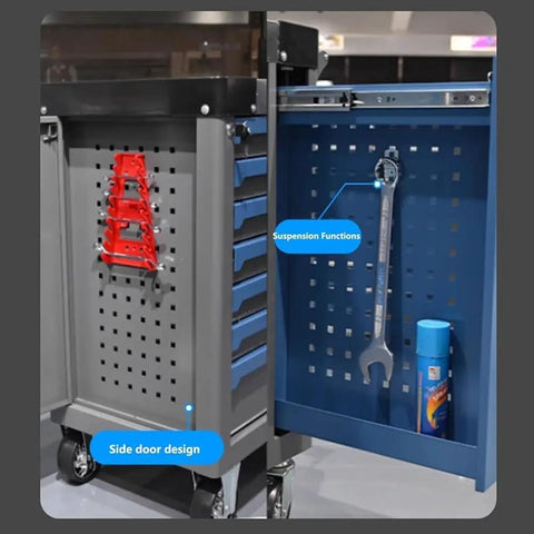 Rolling Tool Cart With Wheels Heavy Duty Tool Chest And Cabinet With Anti Tip System, open side door view with tools.