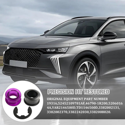 Top Notch Shift Cable Bushing Kit With 4 Durable Rubber Inserts And Clips, Perfect Replacement For 33835-08010 displayed with car and parts.