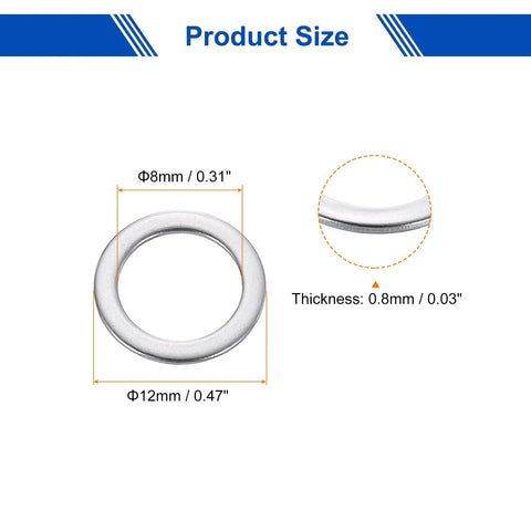 Hecka Durable M8 Flat Washers Set Of Twenty Thickened 304 Stainless Steel Spacers With Burr Free Edges showing size dimensions, with 8mm inner and 12mm outer diameters.