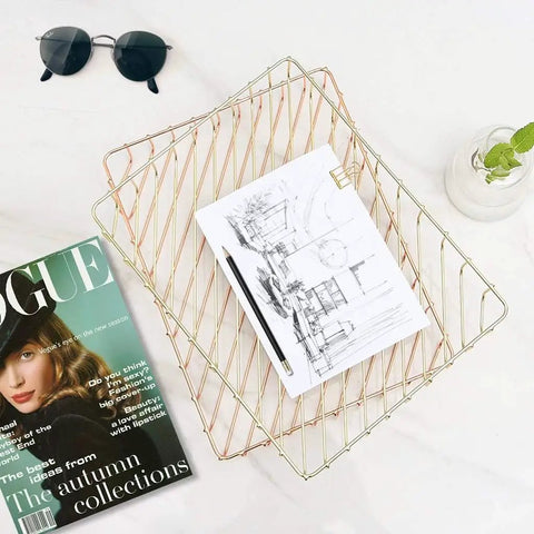 Gold Desk Paper Organizer Tray With Big Capacity For Letters, Mail, Files And Magazines Metal Letter Tray on a marble desk