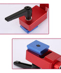 Close-up of red and blue Beefy 30 Type Miter Track Stop Block Aluminum Alloy T Slot Stop for 30mm guide rails