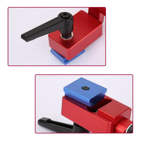 Close-up of red and blue Beefy 30 Type Miter Track Stop Block Aluminum Alloy T Slot Stop for 30mm guide rails