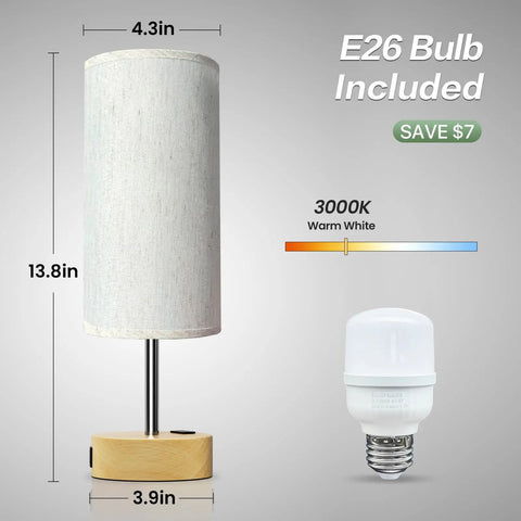 Bedside Lamp With USB A And C Ports And AC Outlet, 3 Way Dimmable Touch Lamp, Linen Fabric Shade, E26 Bulb Included