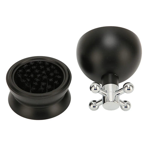 Pro Level 58mm Coffee Powder Distributor And Espresso Stirrer Tool Featuring Adjustable Height Dial Built From Food Grade Metal For Smooth Barista Extraction Plus Even Ground Bedding In Dope Gloss Black with black finish and chrome accents.