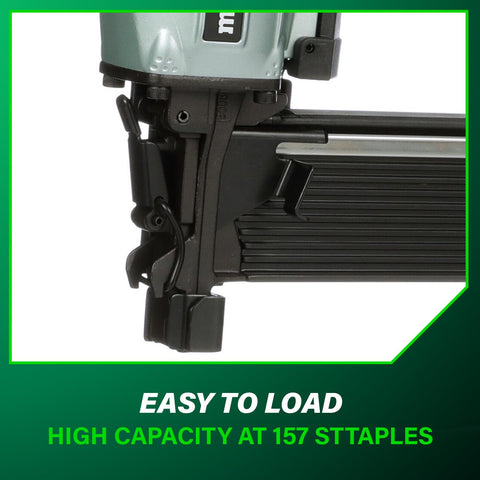 Close-up of 7/16 Inch Standard Crown Stapler for Roofing and Subfloor Installations showing easy load mechanism, high capacity