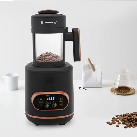 Absolute Game Changer Electric Coffee Bean Roaster With Smart Temperature Control And Three Fan Speeds 1500W Home Brewing Setup with beans displayed.