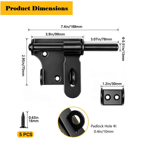 Built Different 4 Inch Slide Barrel Bolt Gate Latch Crafted From Solid Corrosion Resistant Stainless Steel For Weather Proof Barn Fence Pad And Shed Security dimensions on black background with screws