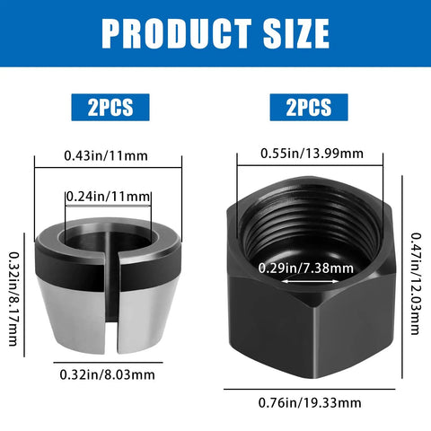 Router Collet Nut And Cone Sleeve Kit For Models R2400, R2401, R86044, R860443 2 Pack Replacement with size measurements
