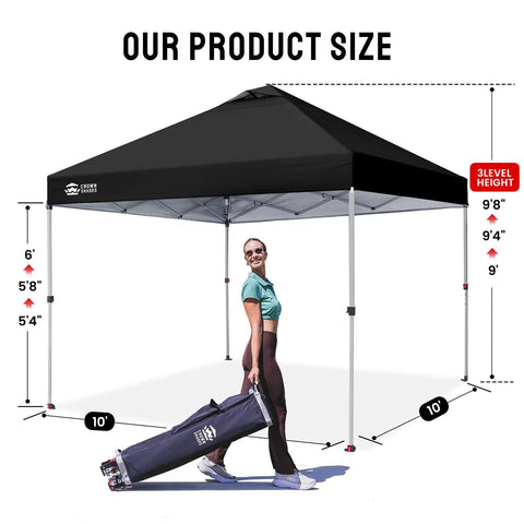 10x10 Pop Up Canopy With One Push CenterLok Setup For No Fuss Quick Outdoor Shade At Events And Camping Includes STO N GO Cover Bag Silver Coated Top Black Frame For Beach Events displayed with woman carrying storage bag