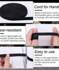 7M Black Ito Sageo Wrapping Cord 0.5 Inch Wide Silk Cotton Blend Rope for Katana Handle, showing roll, detailed texture, and cutting
