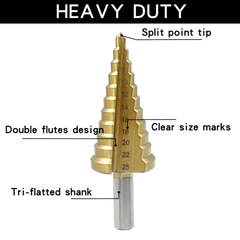 Premium Step Drill Bit Set One Eighth Inch Through One Inch HSS Titanium Coated Cone Bits For Metal Aluminum Copper Plastic