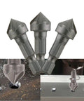 Three Pack Countersink Drill Bits With Six Flute Design And One Fourth Inch Hex Shank For Woodworking Burr Removal Hole Shaping And Trimming Plus A Ninety Degree Center Punch Set displayed and in use