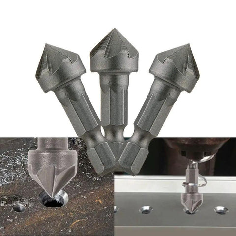 Three Pack Countersink Drill Bits With Six Flute Design And One Fourth Inch Hex Shank For Woodworking Burr Removal Hole Shaping And Trimming Plus A Ninety Degree Center Punch Set displayed and in use