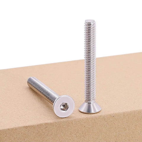1/4-20 Flat Socket Cap Screws, 2-1/2 Inch Long, Full Thread, Countersunk Head, 304 Stainless Steel 18-8, side and front view