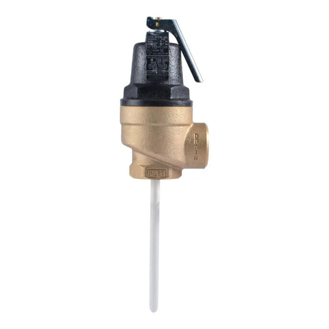 1 Inch Inlet Water Pressure And Temperature Relief Valve, High Flow Brass Plumbing Fitting For Commercial Use, FVX 5L, Push To Connect, Easy Install, Durable Brass Body, side view with test lever