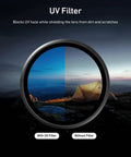 DJI Osmo Action 6 Filter Kit with UV filter comparison over landscape, showing protected lens view and exposure management.
