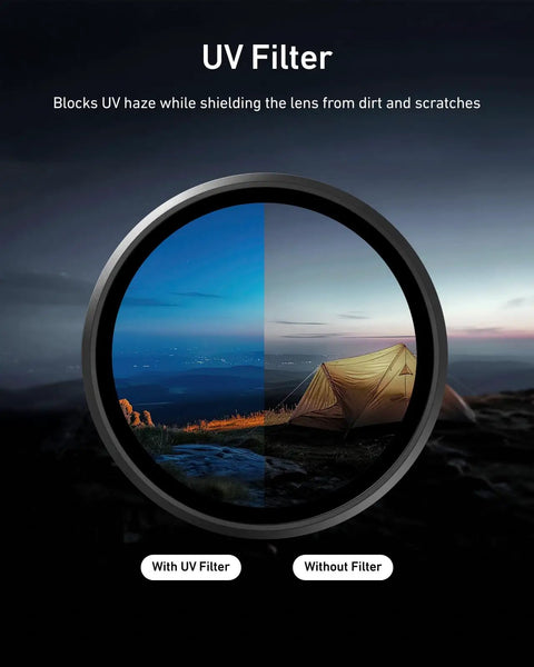 DJI Osmo Action 6 Filter Kit with UV filter comparison over landscape, showing protected lens view and exposure management.