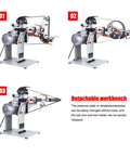 Badass 2HP Variable Speed Belt Sander And Knife Grinder Rig With Straight Frequency Drive shown from multiple angles, featuring detachable workbench.