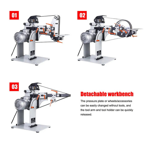 Badass 2HP Variable Speed Belt Sander And Knife Grinder Rig With Straight Frequency Drive shown from multiple angles, featuring detachable workbench.