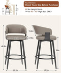 Set of 6 30 Inch Swivel Bar Stools With Curved Back Mid Century Modern Faux Leather Upholstery And Decorative Stitching Perfect For Kitchen Island, Dining Or Living Room In Matte Gray, front and side views with measurements.