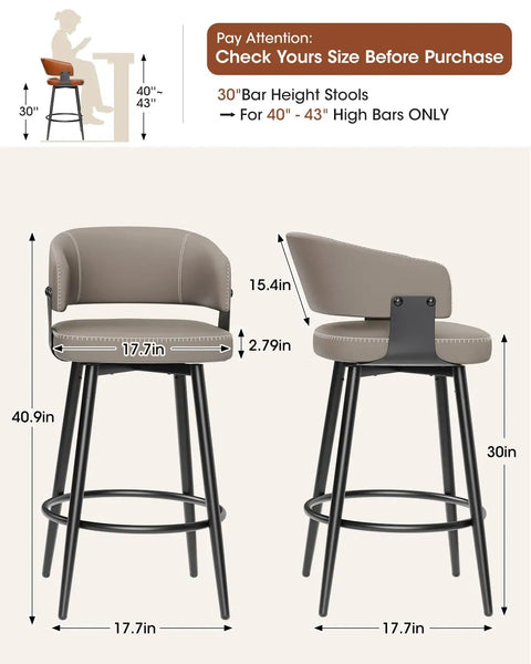 Set of 6 30 Inch Swivel Bar Stools With Curved Back Mid Century Modern Faux Leather Upholstery And Decorative Stitching Perfect For Kitchen Island, Dining Or Living Room In Matte Gray, front and side views with measurements.