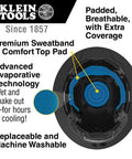 Inside view of hard hat showing sweatband placement with evaporative cooling technology, promoting breathability and machine washability.