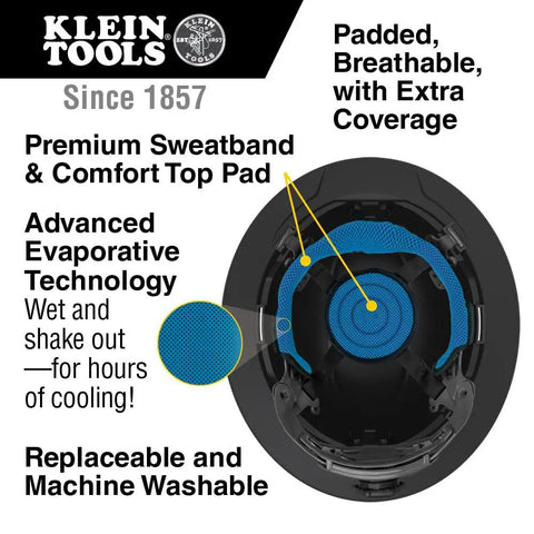 Inside view of hard hat showing sweatband placement with evaporative cooling technology, promoting breathability and machine washability.