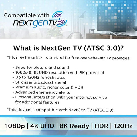 Indoor TV Antenna With 15 Inch Extendable Dipoles For Local Channels No Cable Needed 4K 1080P VHF UHF Digital HDTV Reception Tabletop Antenna For Smart TV Includes 4 Ft Coax Cable Black compatibility poster with NextGen TV features listed.