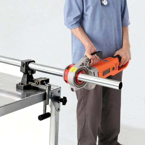 Portable 2300W Electric Pipe Threader With Copper Motor For Cutting And Threading Metal Plastic Pipes Includes Six Dies Ranging From One Half To Two Inches Plus Carrying Case Makes Job Super Easy Professional Grade Tool in use on a metal pipe.