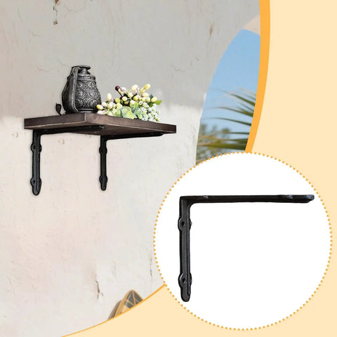 Heavy Duty Cast Iron L Shelf Brackets holding wooden shelf with vase, Rustic Vintage Style Dope Decor For Kitchen And Living Room