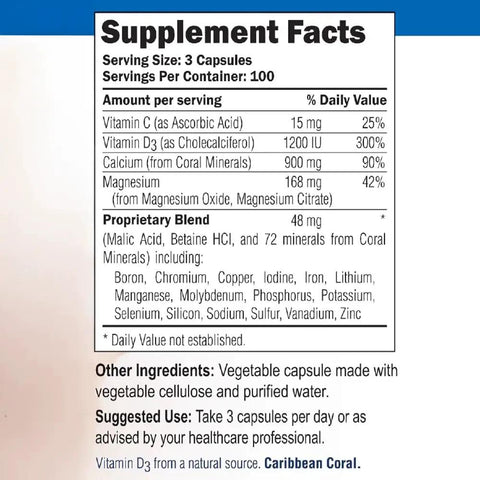 Supplement facts for Bioavailable Coral Calcium 900 Mg With Vitamin D3 And Magnesium For Bone Strength Solid Joints PH Balance Trace Minerals Non GMO 300 Veg Capsules For Daily Health Support, showing ingredients and daily values.
