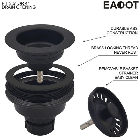 Exploded view of Matte Black Three And A Half Inch Sink Drain Assembly With Basket Strainer And Stopper For Quartz Granite Or Fireclay Kitchen Sinks Easy Install Durable Polymeric Construction.