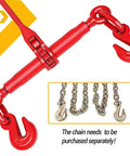 Two Pack Ratchet Chain Binder Five Sixteenths To Three Eighths Inch Heavy Duty Load Binders 5400 Lbs Working Load Limit 19000 Lbs Breaking Strength 25 Inch Hook To Hook For Truck Or Flatbed Trailer. Red binder with hooks and separate chains