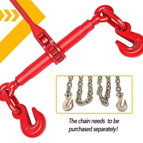 Two Pack Ratchet Chain Binder Five Sixteenths To Three Eighths Inch Heavy Duty Load Binders 5400 Lbs Working Load Limit 19000 Lbs Breaking Strength 25 Inch Hook To Hook For Truck Or Flatbed Trailer. Red binder with hooks and separate chains