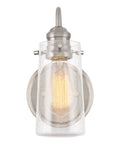 Kira Home Rayne 10" Modern Farmhouse Wall Sconce for Bathroom Vanity, Pack of 2 with clear glass shade and brushed nickel finish.