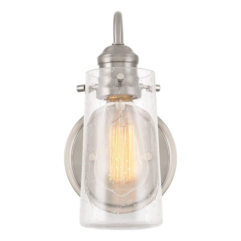 Kira Home Rayne 10" Modern Farmhouse Wall Sconce for Bathroom Vanity, Pack of 2 with clear glass shade and brushed nickel finish.