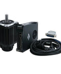 Front view of 110ST-M04030 servo motor with drive unit, black aluminum housing, and bundled cables
