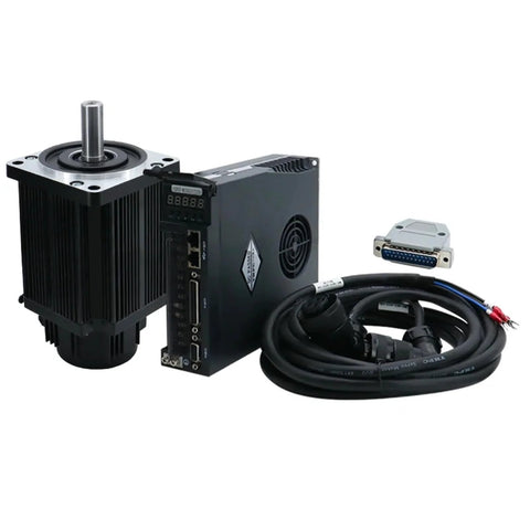 Front view of 110ST-M04030 servo motor with drive unit, black aluminum housing, and bundled cables