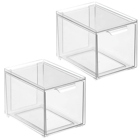 Clear 2 Pack Slim Stackable Closet Organizer Bins With Pull Out Drawers For Shoes Bags Totes Accessories And Small Linens