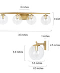 Gold Vanity Light Fixture For Bathroom Over Mirror With Four Lights, Clear Globe Glass Shades, modern slim taper arm dimensions