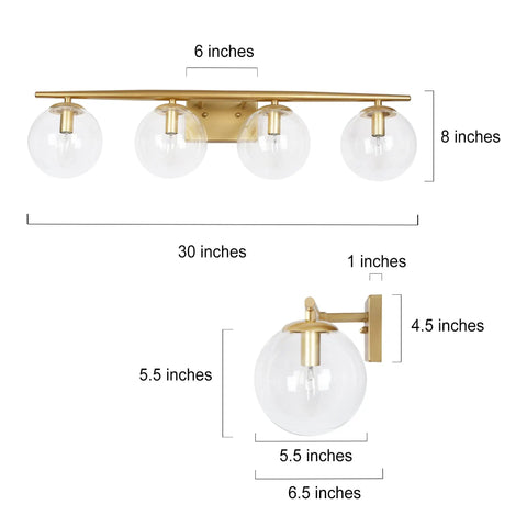 Gold Vanity Light Fixture For Bathroom Over Mirror With Four Lights, Clear Globe Glass Shades, modern slim taper arm dimensions