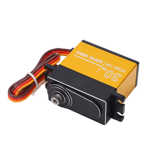 Knockout 30 Kg Digital RC Servo With Heavy Duty Metal Gears And Precision 25T Horn CNC Aluminum Case Double Ball Bearings Rock Solid Build Ready To Roll For 1/10 Scale Trucks side view with wiring.