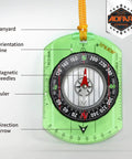 Orienteering Compass For Hiking And Navigation With Magnifying Glass And Ruler Trail Ready Lightweight Field Compass With 1:25000 Scale And Inch And Metric Readouts For Precise Map Reading And Survival Prep with labeled lanyard, ruler, and magnetic needle features.