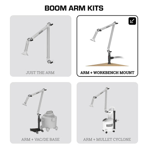 Boom arm kits showing Third Hand Dust Collection Boom Arm for Workbench Mount with On Demand Fume Extraction components.