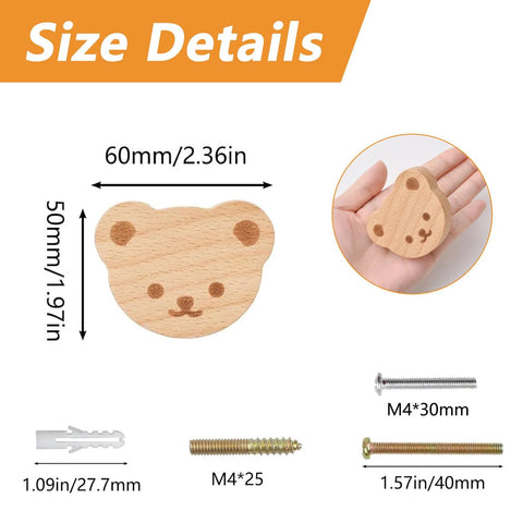 Size details of Bear Shaped Wooden Knobs 6 Pieces Single Hole Beech Wood Cabinet Handles with screws and expansion tubes