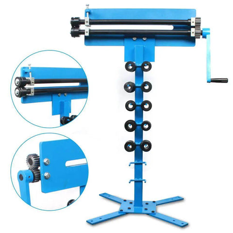 Bead Roller For Sheet Metal With Twelve Dies, Heavy Duty Rotary Beading Machine, showing side view and close-ups of rollers.