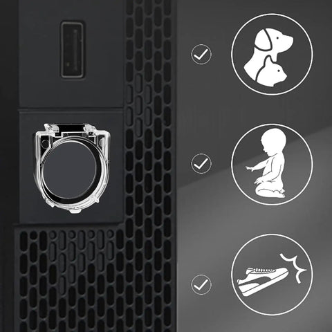 Elevator Button Cover 4 Pack Dustproof Safety Push Button Caps, clear protector on black appliance with safety icons.